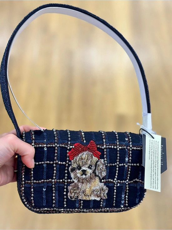 Shrimps Handbags - Beaded Plaid Shoulder Bag in Black & Red NWT